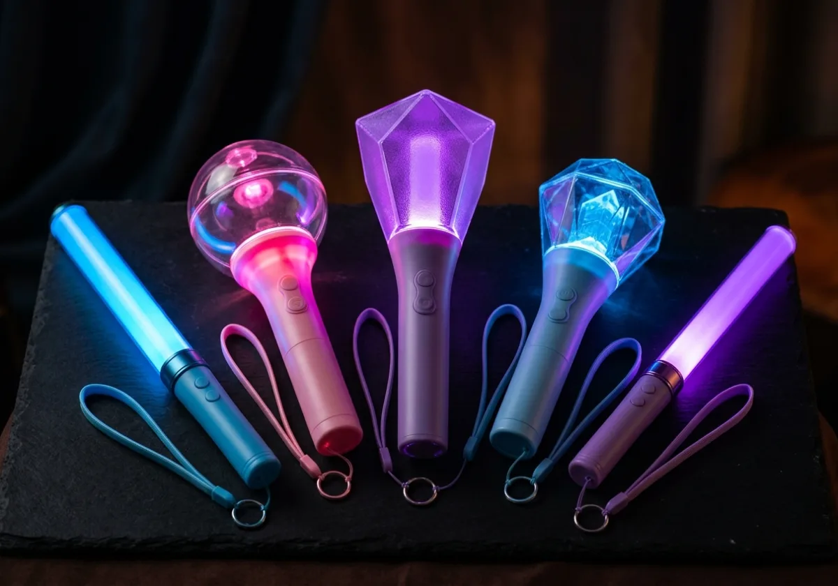 응원봉 제작 완성품 여러 종류가 어두운 배경에서 은은하게 발광하는 대표 컷