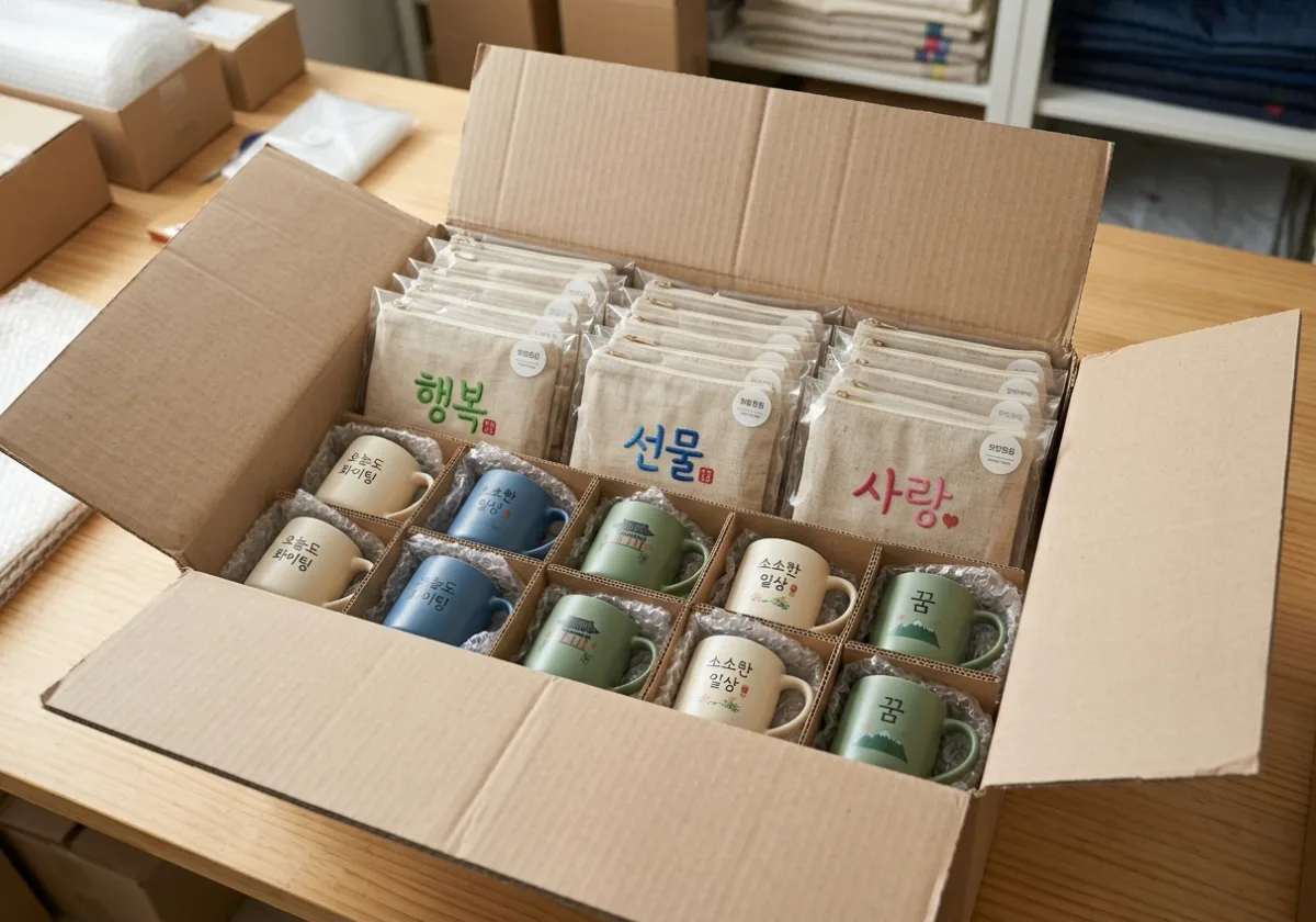 단체주문 굿즈 완성품을 개별 포장해 배송 박스에 담아 둔 출고 준비 구성