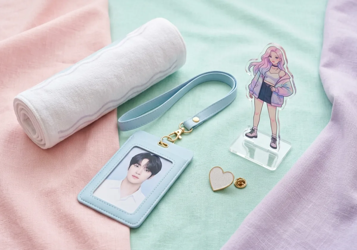 팬클럽 굿즈 제작 완성품 슬로건 포토카드 아크릴 스탠드를 모아 둔 대표 컷