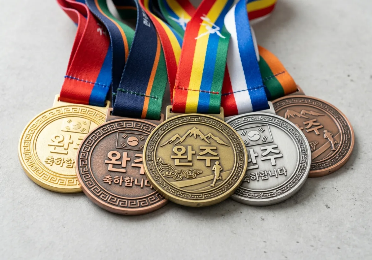 마라톤 완주 메달에 목걸이 리본을 연결해 완성한 상태의 근접 구성