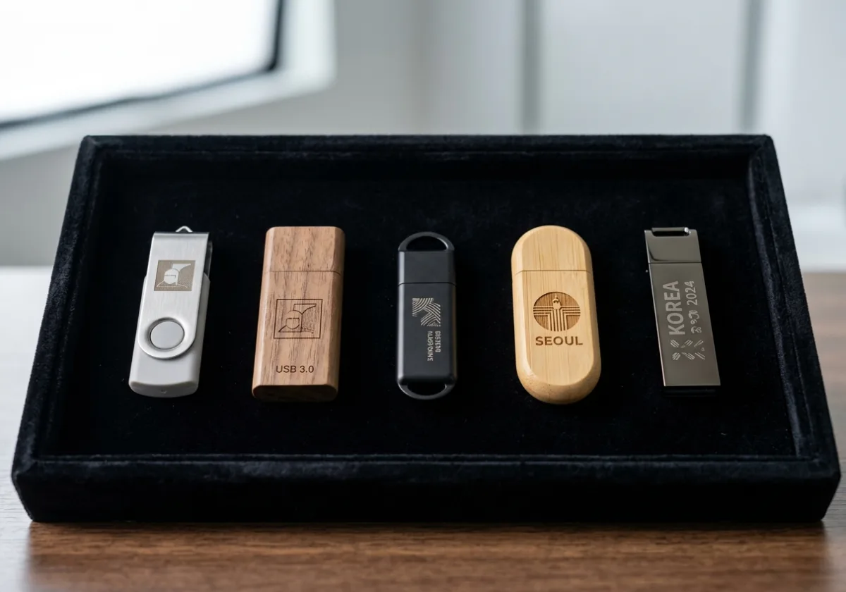 USB 각인 제작 완성품을 소재별로 나란히 늘어놓은 대표 컷