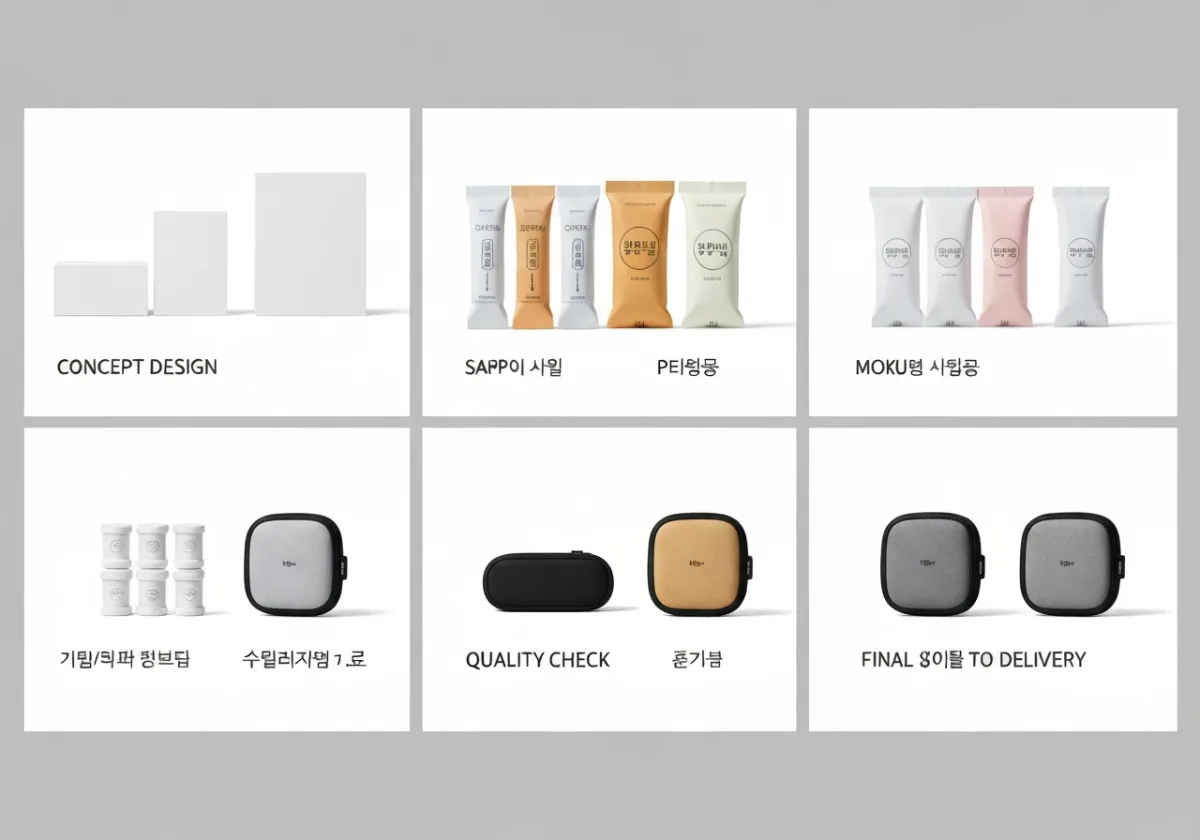 브랜드 굿즈 제작 대행 진행 단계 시안 확정 샘플 검수 납품 흐름도