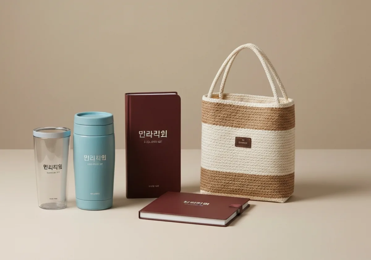 창립기념일 웰컴 키트 구성 예시로 텀블러 노트 에코백이 함께 담긴 모습