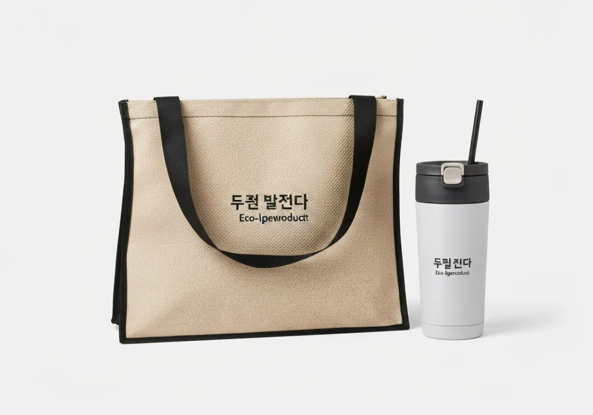브랜드 로고가 인쇄된 기업 판촉용 에코백과 텀블러 클로즈업 구성