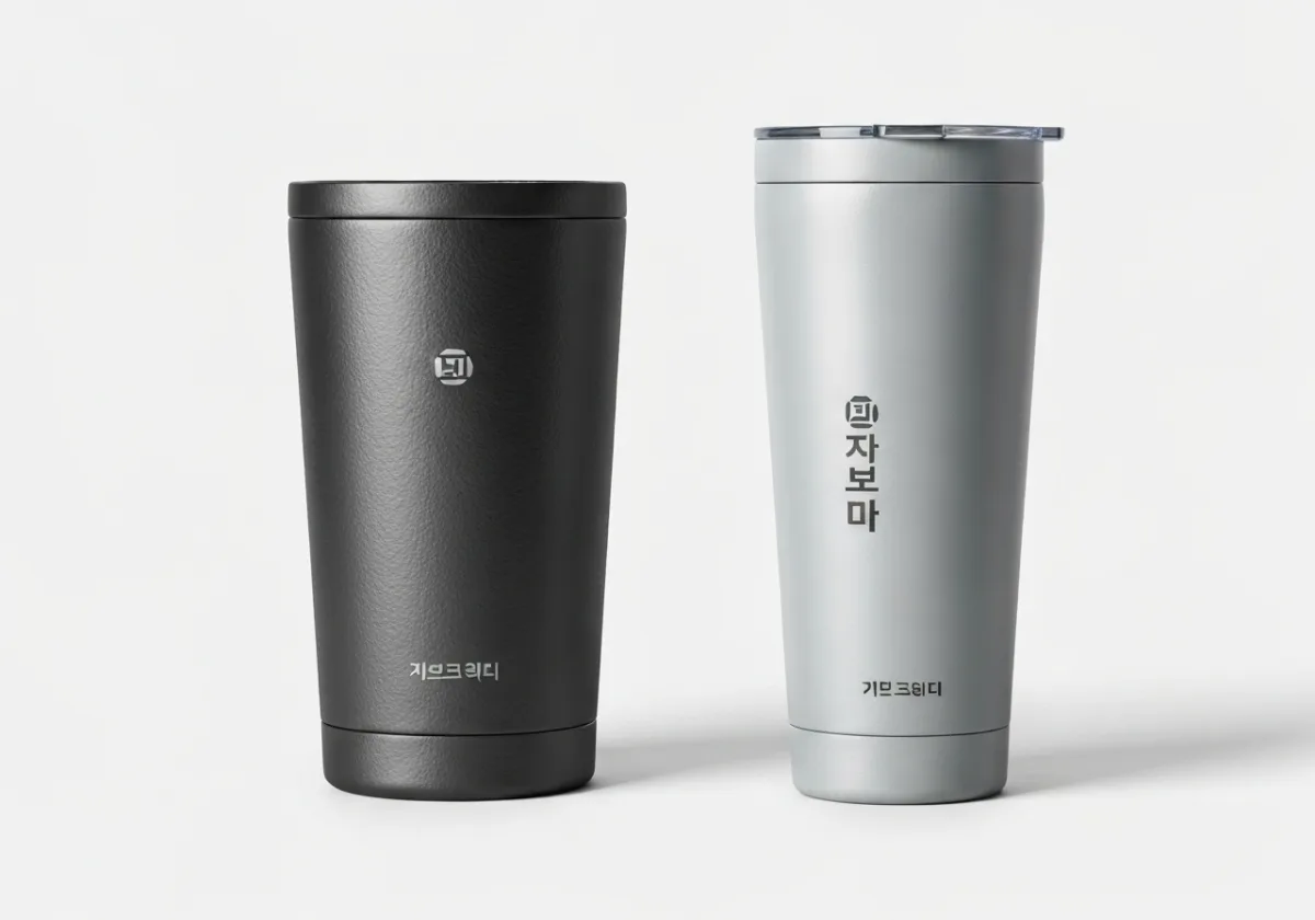 매장명이 인쇄된 개업 답례품 텀블러와 방향제 클로즈업 구성