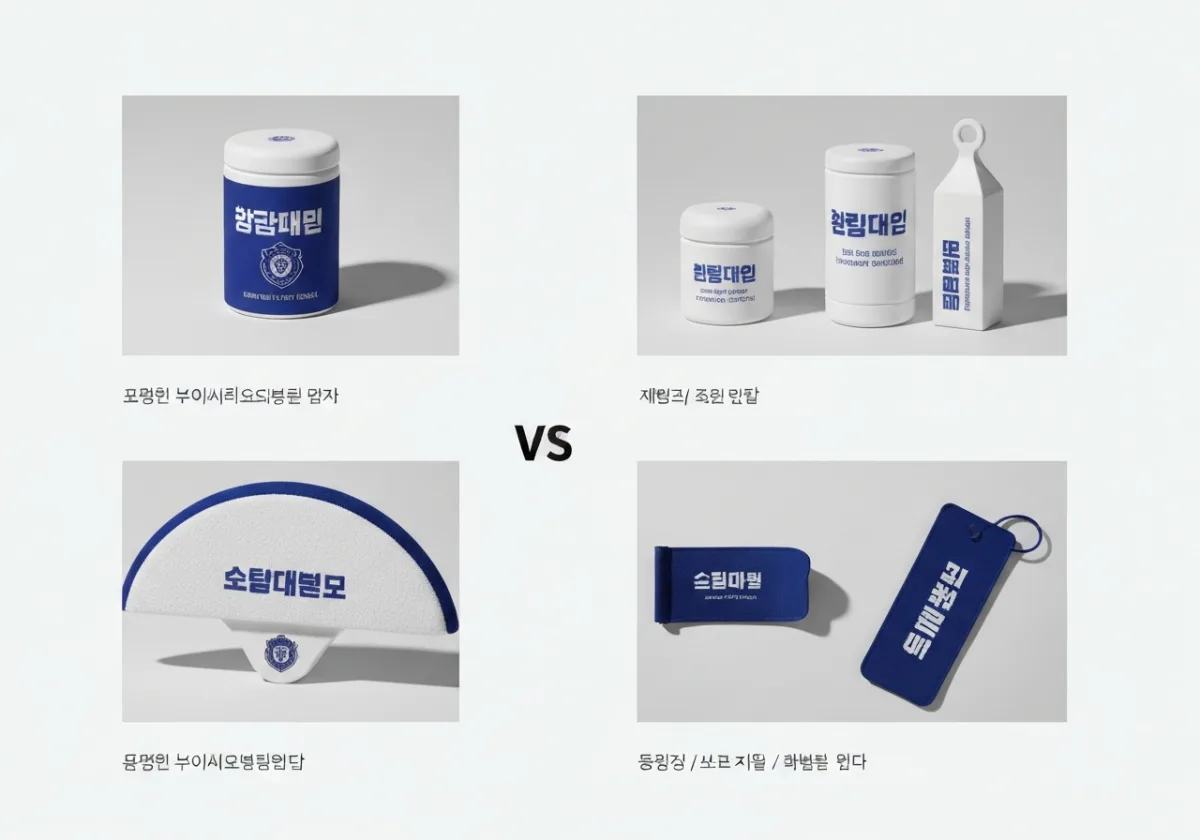 체육대회 팀별 색상과 슬로건을 활용한 굿즈 디자인 시안 비교 구성
